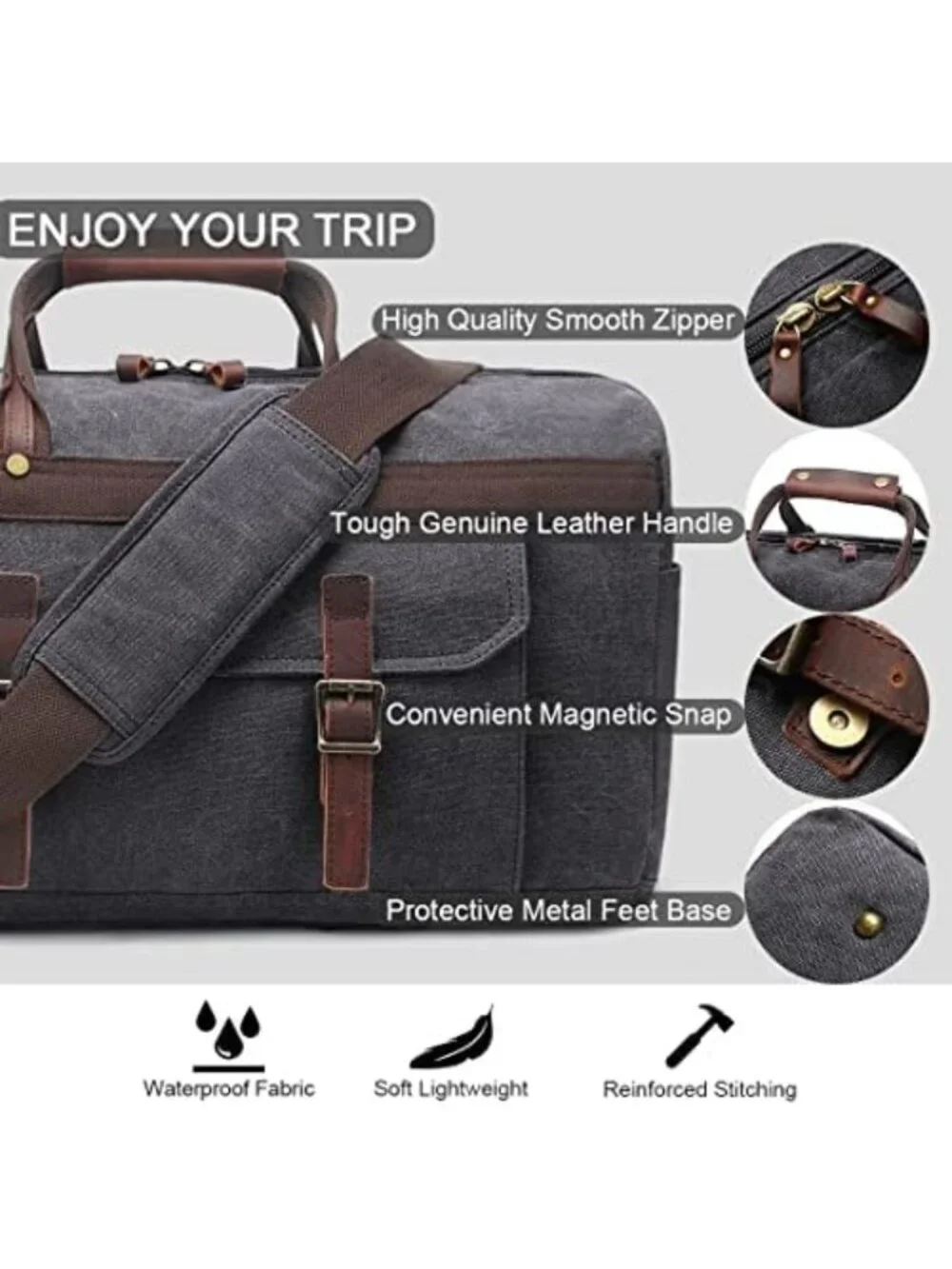 Waterproof Genuine Leather Canvas Duffle Bag | Travel Weekender for Men & Women